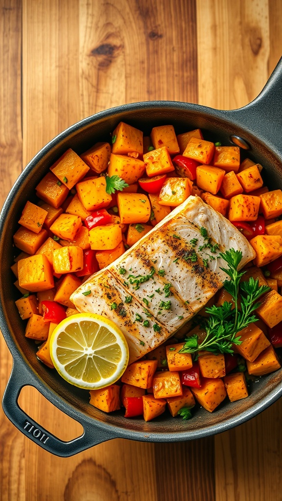 Salmon and sweet potato hash in a skillet, garnished with herbs and served with lemon.